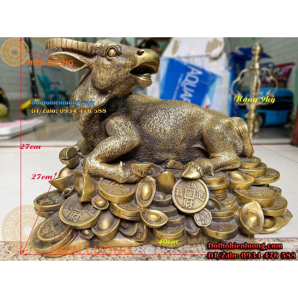 Tượng Linh Vật Trâu Nằm Bệ Vàng Bằng Đồng Phong Thủy Cao 27cm