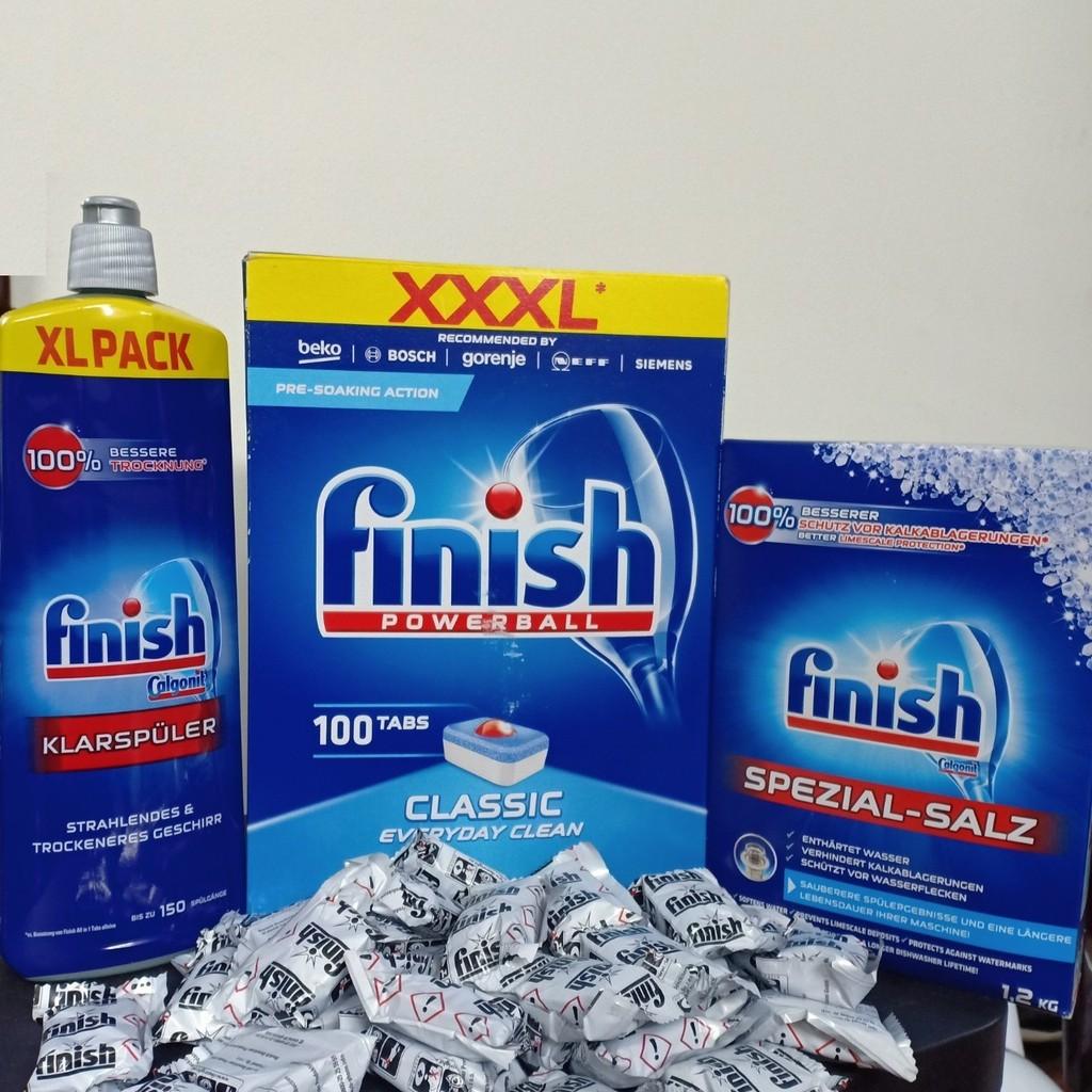 Combo Muối rửa bát Finsih 1,2kg +Viên Rửa bát finish Classic 100 v + nước bóng Finish 400ml chuyên dùng cho Máy rửa bát