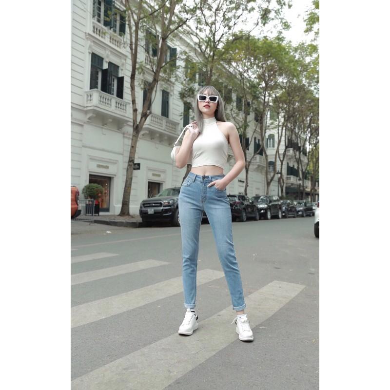 Quần jean boy trơn nữ cạp cao dáng mới vnxk