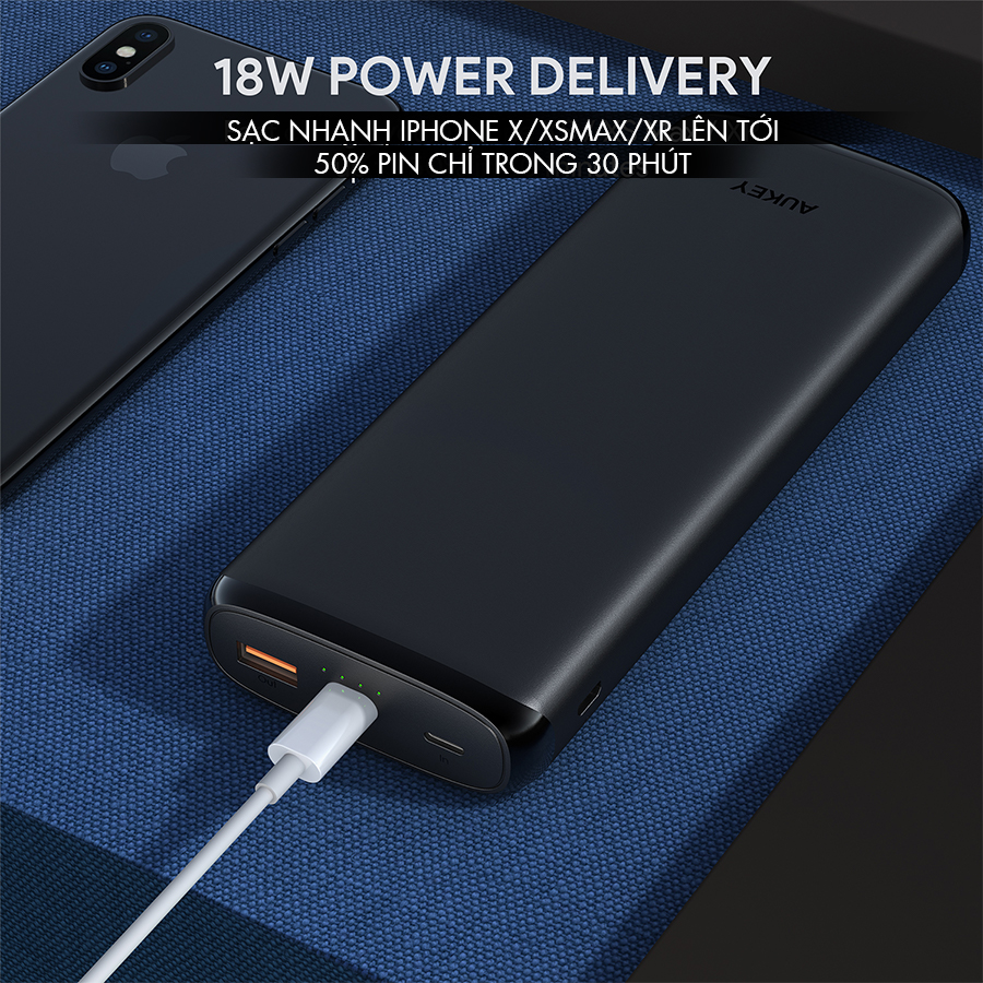 Pin Sạc Dự Phòng 20000mAh AUKEY PB-Y23 1 Cổng Sạc Nhanh QC 3.0, 1 Cổng Type C Power Delivery 18W, Hỗ Trợ Sạc Vào Bằng Cổng Lighting - Hàng Chính Hãng