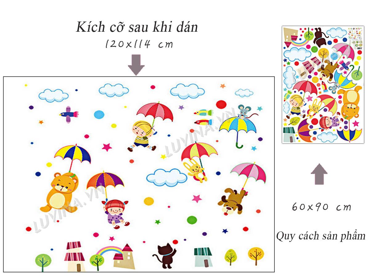 Decal dán tường thước đo hươu 2 và gấu đu ô - HP445