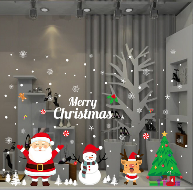 Decal Trang Trí Noel Hai Mặt Hít Tĩnh Điện Không Dơ Kính- NOEL và các bạn nô đùa cùng nhau thích thú tuyết trắng