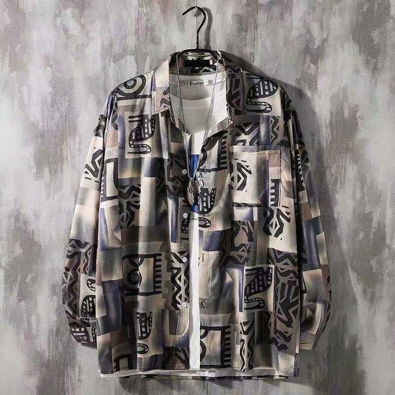 Áo Sơ Mi Dài Tay Dáng Rộng In Họa Tiết Cá Tính Dành Cho Nam / Size M-3Xl