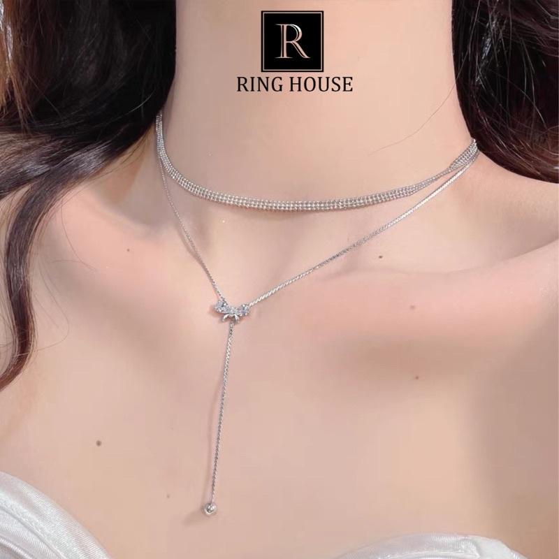 Dây chuyền vòng cổ choker nữ titan không đen dây đôi mặt nơ đẹp Ring House