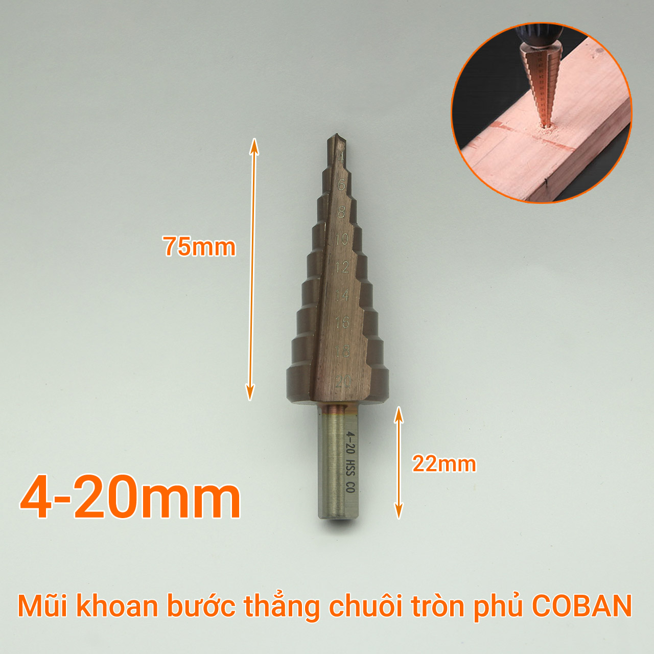 Mũi khoan bước thẳng 4-20 mm thép gió M35 coban chuôi tròn vát