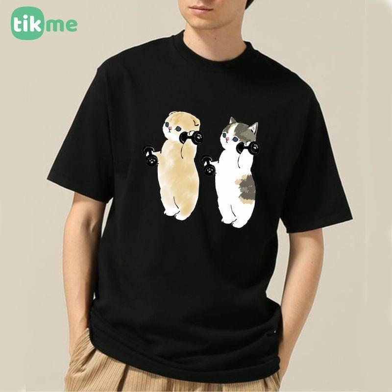 ÁO THUN UNISEX NAM NỮ hai mèo tập tạ