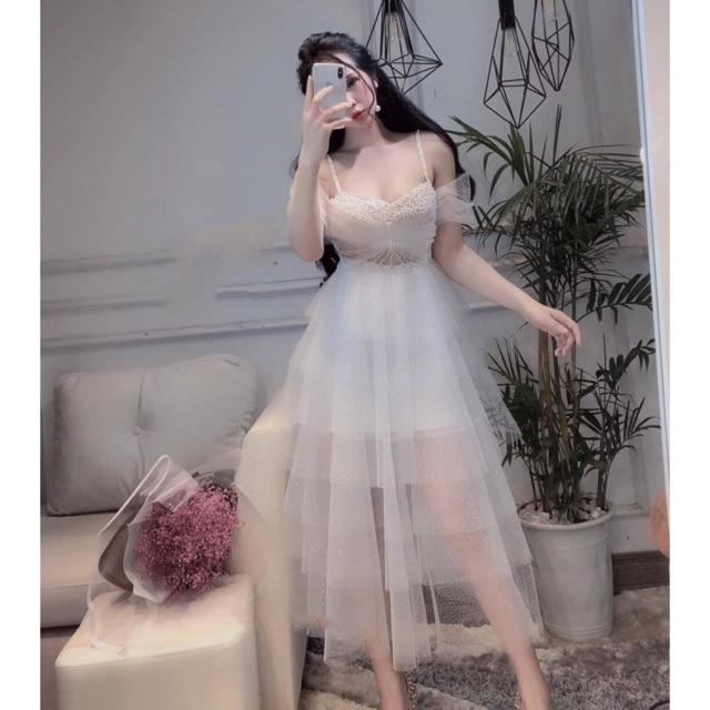 Đầm xoè trễ vai lưới kết cườm xếp tầng -MS193V- Size M/L đến 57kgMM MM