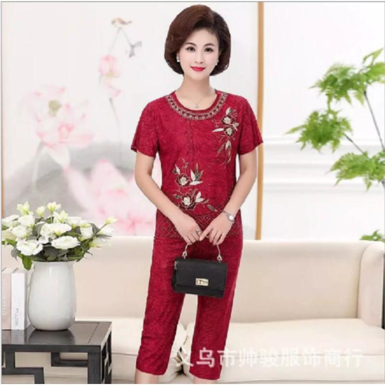 Bộ trung niên nữ mặc nhà thêu hoa chất liệu mềm mịn thoáng mát