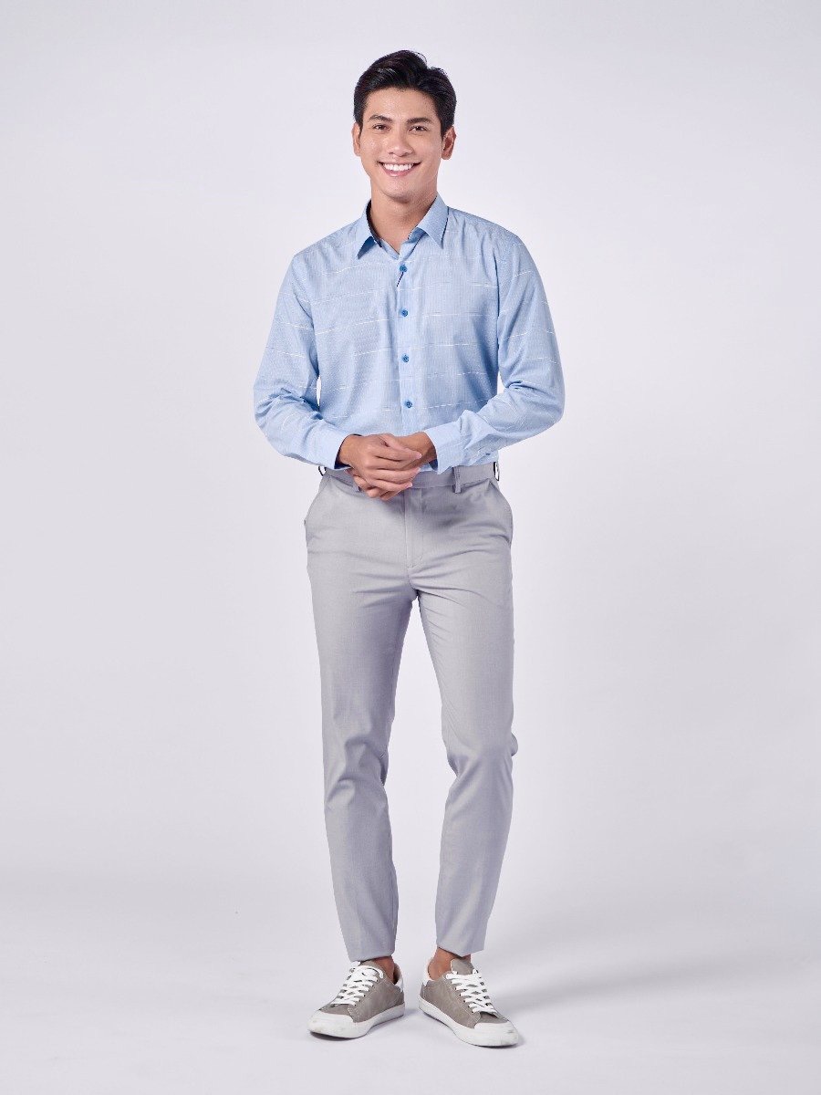 OWEN - Aó sơ mi dài tay Owen Slimfit chất sợi tre màu xanh nhạt in họa tiết 220842