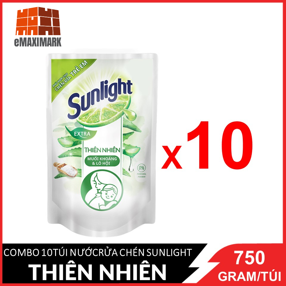 COMBO 10 Túi Nước rửa chén Sunlight Thiên nhiên (trắng) Túi 750gx10