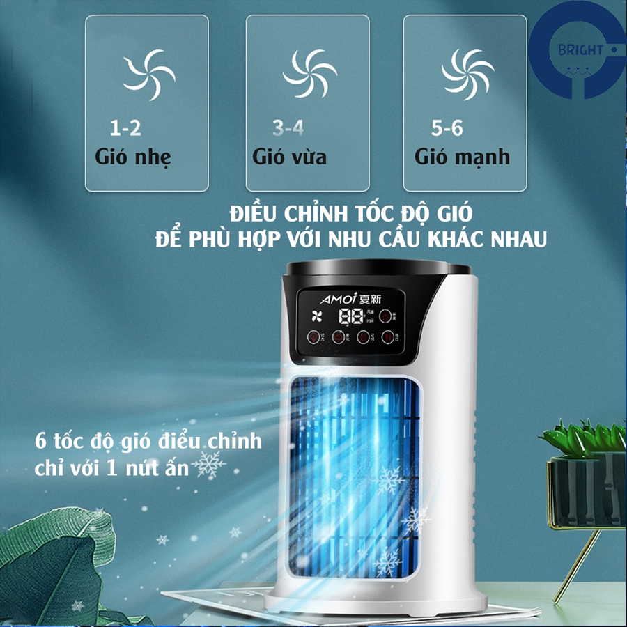 Quạt điều hoà mini, quạt hơi nước phun sương để bàn Amoi 6 cấp độ gió, dung tích bình 300ml chức năng hẹn giờ có đèn led