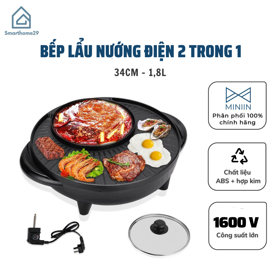 Bếp Lẩu Nướng Đa Năng 2 Trong 1- Nồi ĐIện 2 Ngăn- Phong Cách Hàn Quốc-Hàng Loại 1 Chính Hãng- MINIIN