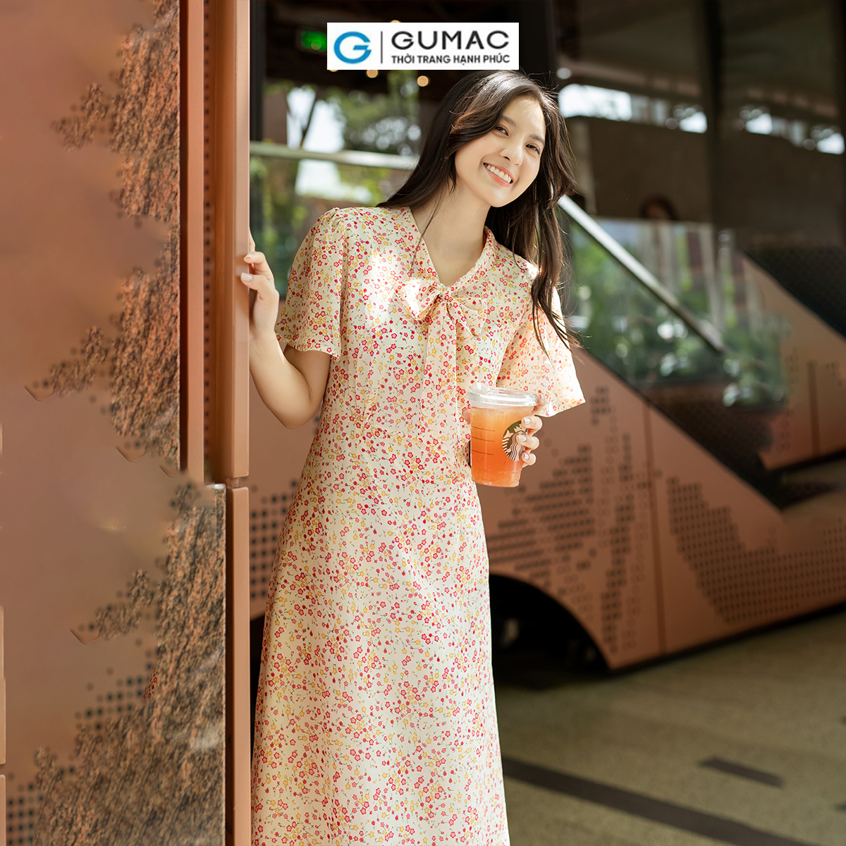 Đầm A họa tiết hoa phối nơ thanh lịch nữ tính thời trang GUMAC DD07064