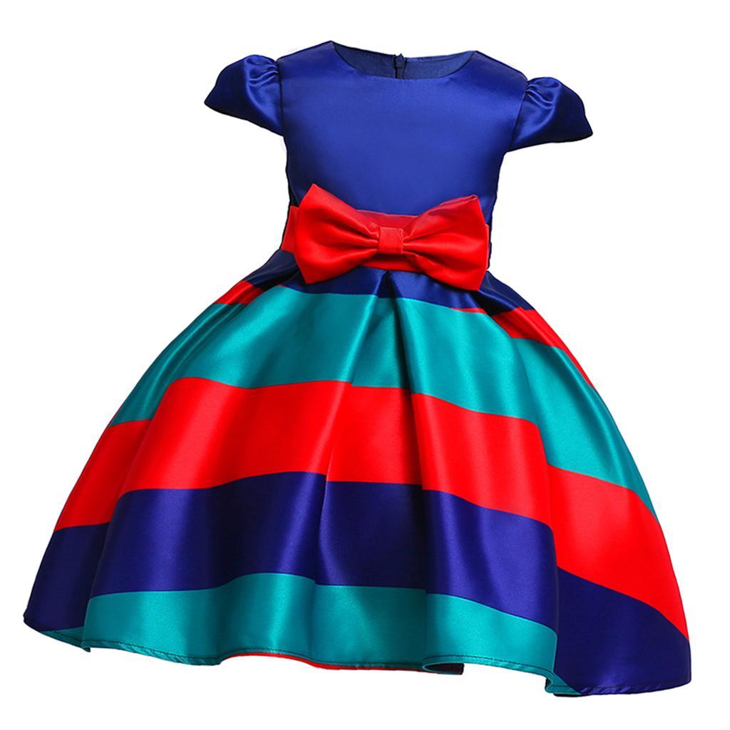 Fashion Flower Girl Dress Red Blue Stripes Bow Wedding Bridesmaid Birthday Pageant Formal Short Sleeve Dresses 3-10 Years