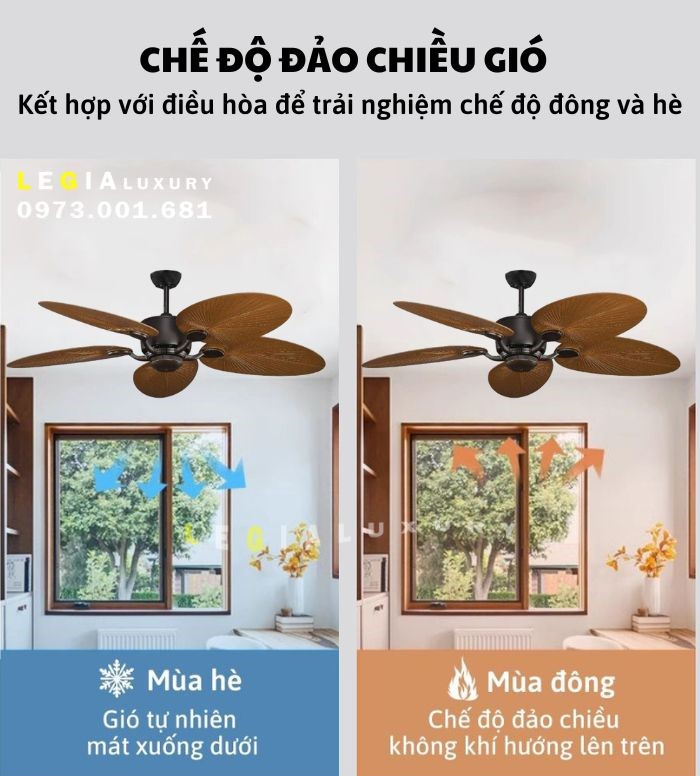 Quạt trần phong cách Đông Dương| Quạt trần Indochine style LGFAN659 | Quạt trần cánh gỗ trang trí phòng ngủ chung cư homestay {Hàng Chính Hãng