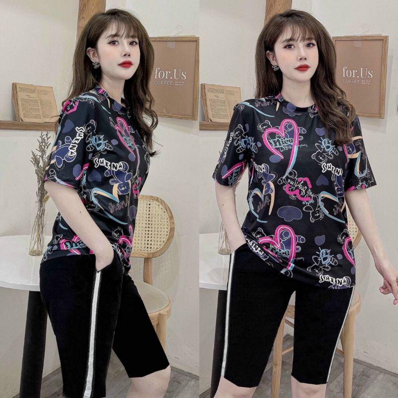 HÀNG CAO CẤP- Sét bộ thun lửng quần ngố áo form rộng in họa tiết trái tim siêu xinh