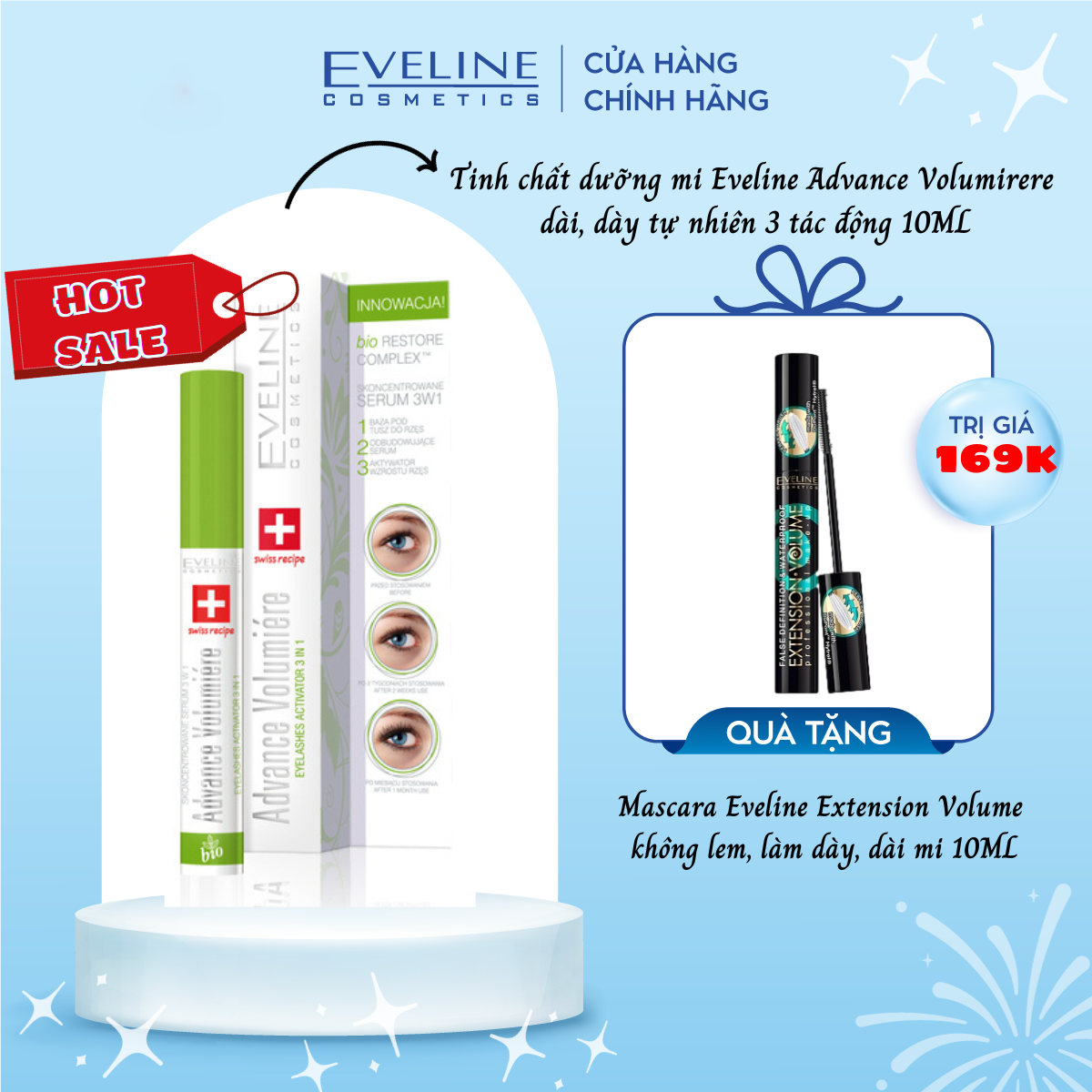 [TẶNG mascara Eveline]Tinh chất dưỡng dài mi 3 trong 1 advance volumiere EVELINE 10ml