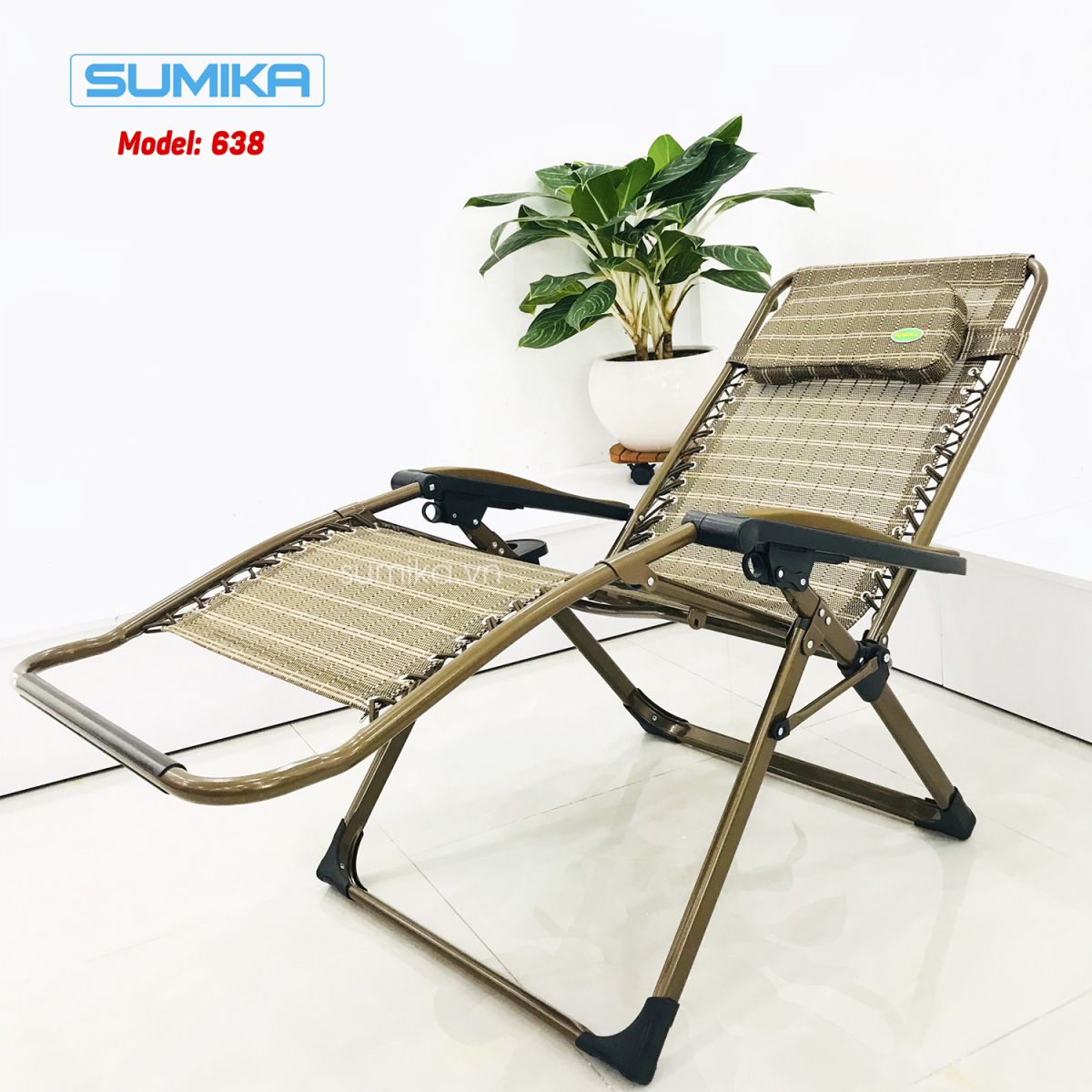 Ghế xếp thư giãn SUMIKA 638 - Dòng cao cấp, bề rộng 73cm, vải lưới Textilene thoáng khí, Chân Vuông tải trọng 300kg - Tặng Kèm Khay, Gối-Luôn Có Phụ Kiện Thay Thế