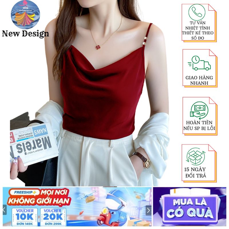 Áo 2 dây cổ đổ thiết kế đính ngọc trai xinh xắn, Áo nữ lụa satin cao cấp, thoáng mát - New Design AO0015