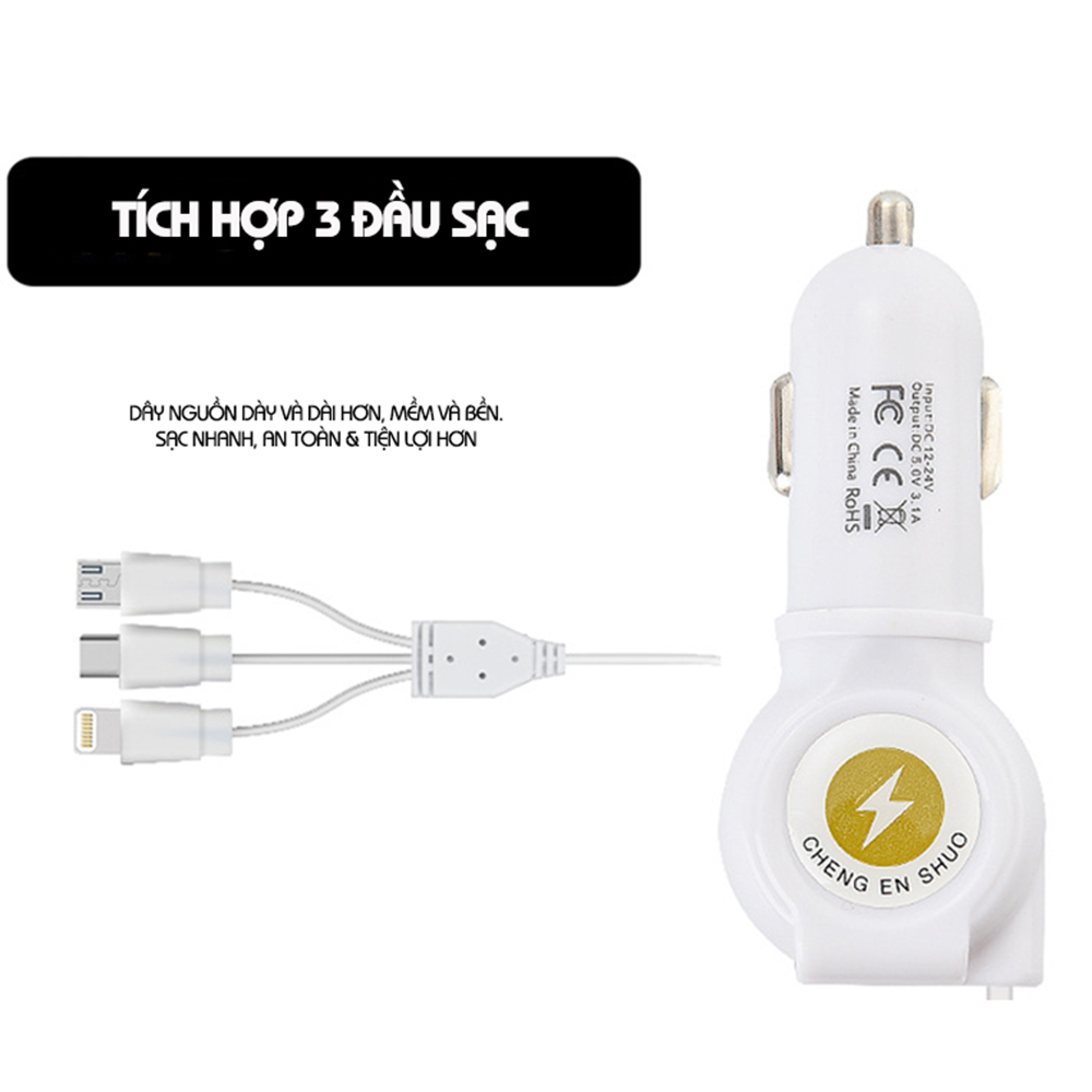 Tẩu Sạc Xe Hơi Đa Năng 3.1A 3 Đầu Cáp (Type-C/Lightning/Micro USB)