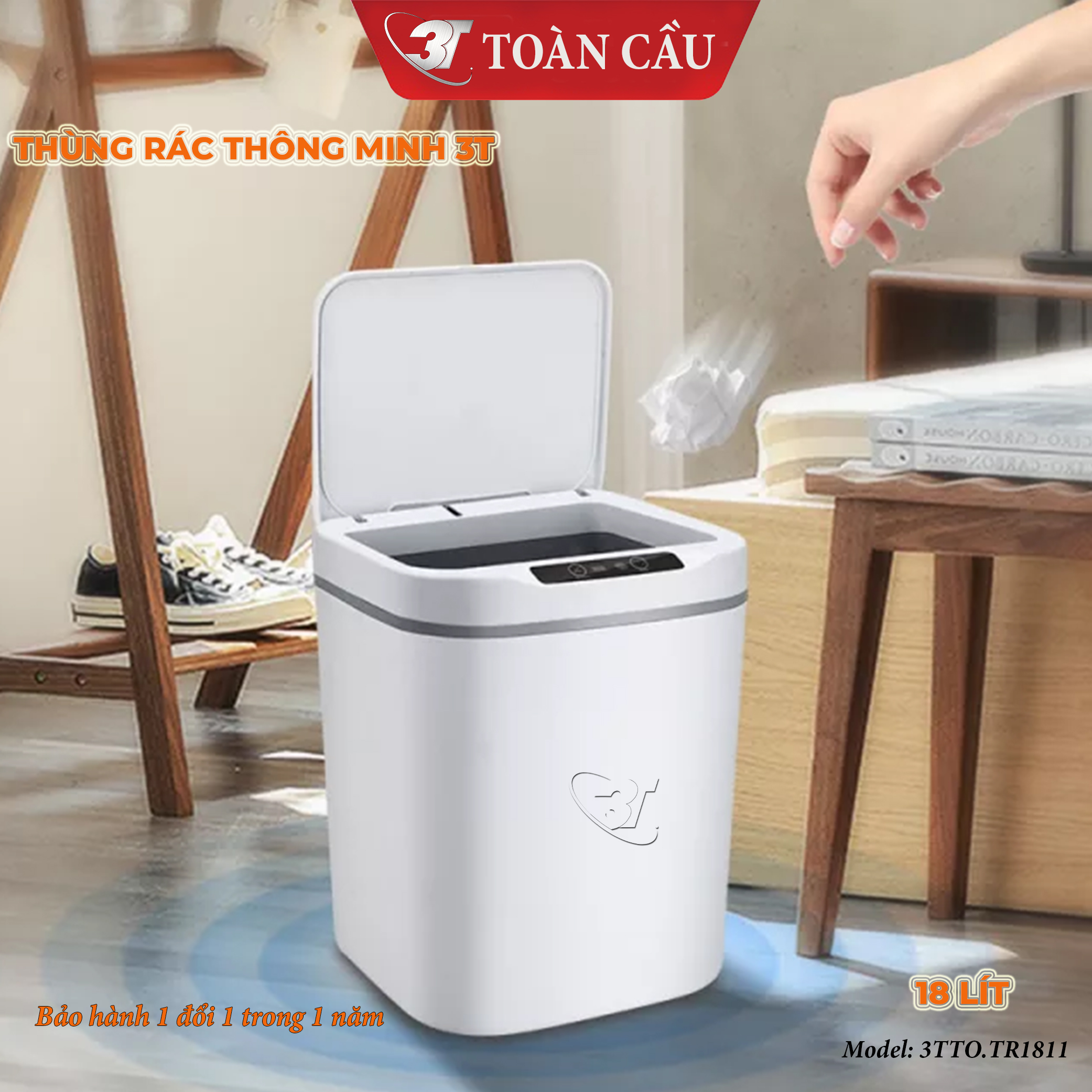 Thùng Rác Cảm Ứng Thông Minh 18L seri 3TTO.TR181X Với 3 Chế Độ Mở Nắp Tự Động Cảm Biến Thông Minh, Sử Dụng Nguồn Sạc