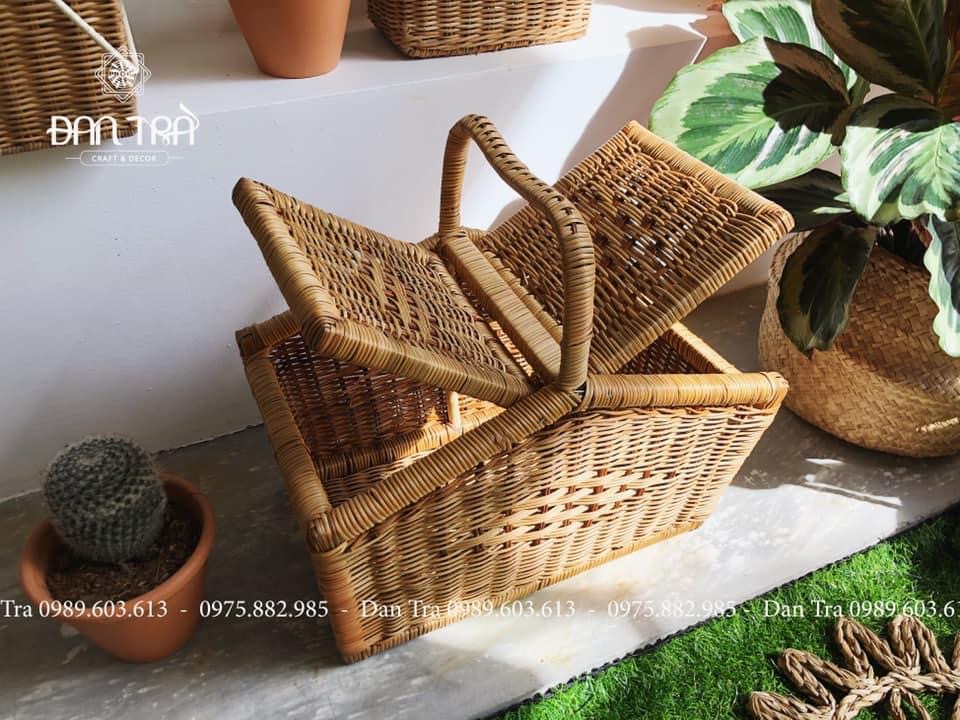 Giỏ Mây Picnic Khung Gỗ Đan Trà - Giỏ Mây Picnic Truyền Thống Đựng Bánh Mì- Giỏ Mây Decor Rẻ Đẹp- Mây Tre Đan Decor