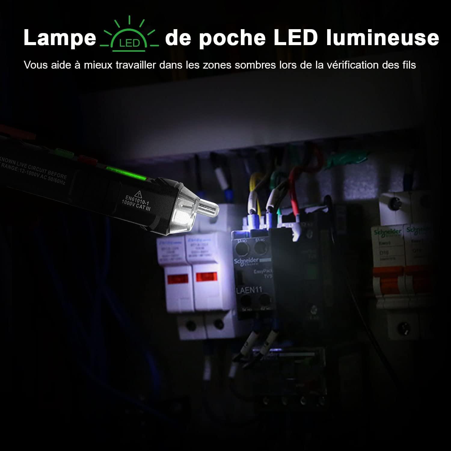 Máy dò điện áp không tiếp xúc, Máy kiểm tra điện áp với độ nhạy kép 12V / 48V-1000V, Màn hình LCD, Kiểm tra dây trung tính / trực tiếp, Đèn pin, Báo động âm thanh