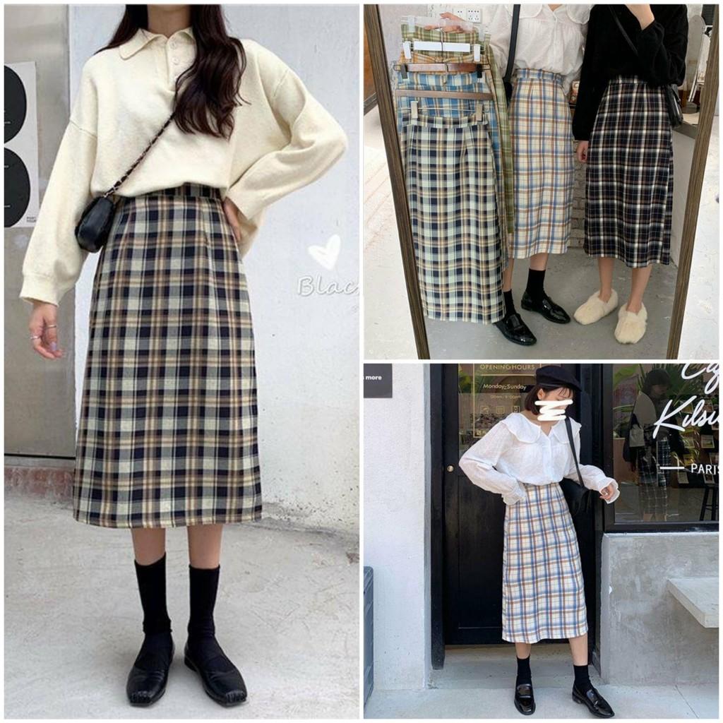 Chân Váy Dài Kẻ Midi Lưng Cao Họa Tiết Sọc Caro - Chân Váy Kẻ Caro Qua Gối Vintage CV23