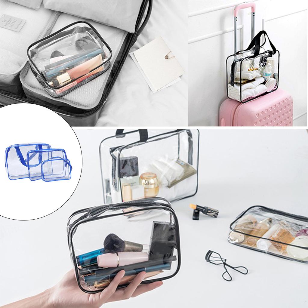 3x Portable Clear Makeup Bag Zipper Waterproof Cosmetics Bag Transparent Travel Storage Carry Pouch PVC Zippered Toiletry Bag Organizers with Handle