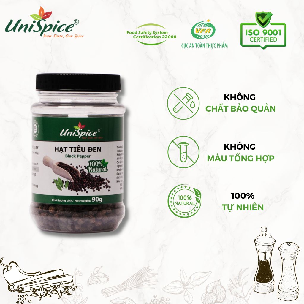 Hạt tiêu đen-Hạt tiêu đen Unispice 90g thơm, cay chất lượng cao.Gia vị tự nhiên