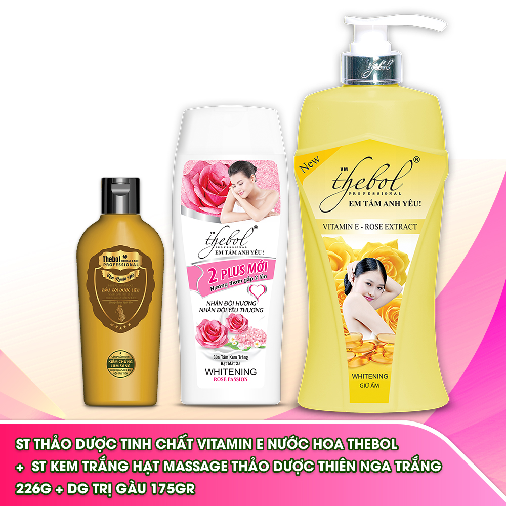 Sữa tắm dưỡng ẩm,trắng da Vitamin E Thebol 900g + Sữa tắmhạt massage 226g + Dầu gội dược liệu sạch làm sạch gàu Thebol 175g