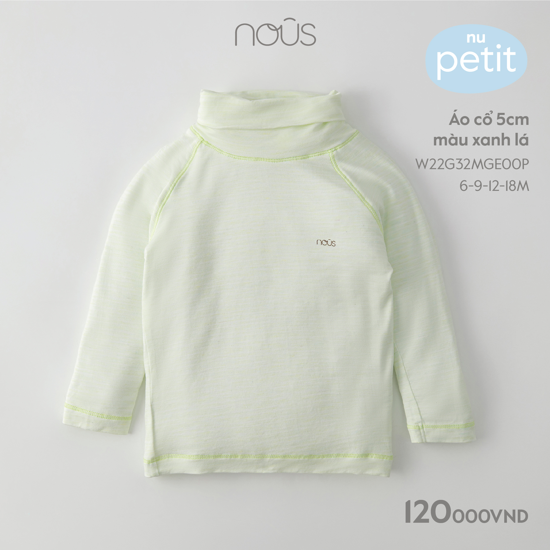 Áo cổ lọ 5cm Nous cho bé trai, bé gái màu ghi, xanh lá chất liệu Nu Petit kháng khuẩn mềm nhẹ