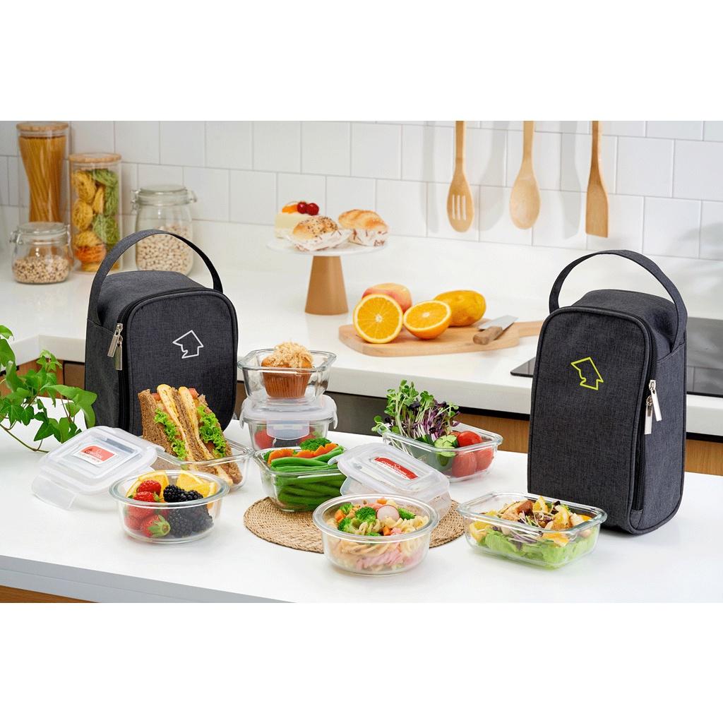 Bộ hộp đựng cơm thủy tinh chịu nhiệt COBA'COOK 1 vuông 520ml và 2 tròn 400ml túi giữ nhiệt dài - CCS5R43BL