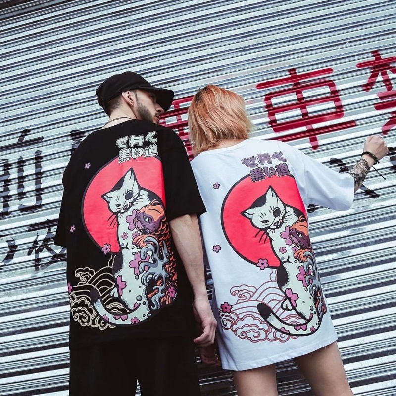 Áo thun Unisex mùa hè phiên bản mới hoạt tiết Mèo Cá