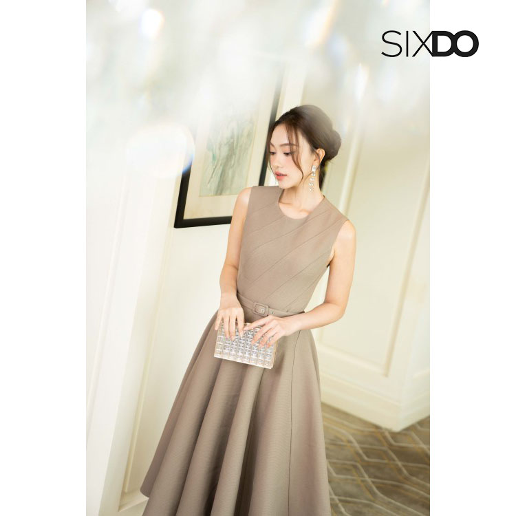 Đầm sát nách xòe xếp ly kèm đai thời trang SIXDO