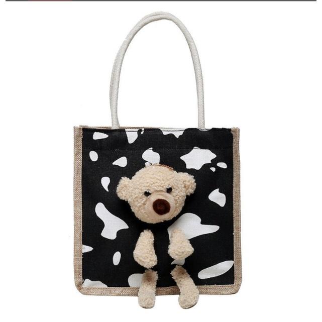 Túi cói mini thời trang gấu bông màu đen bò sữa Phong cách thời trang Trương Gia 07