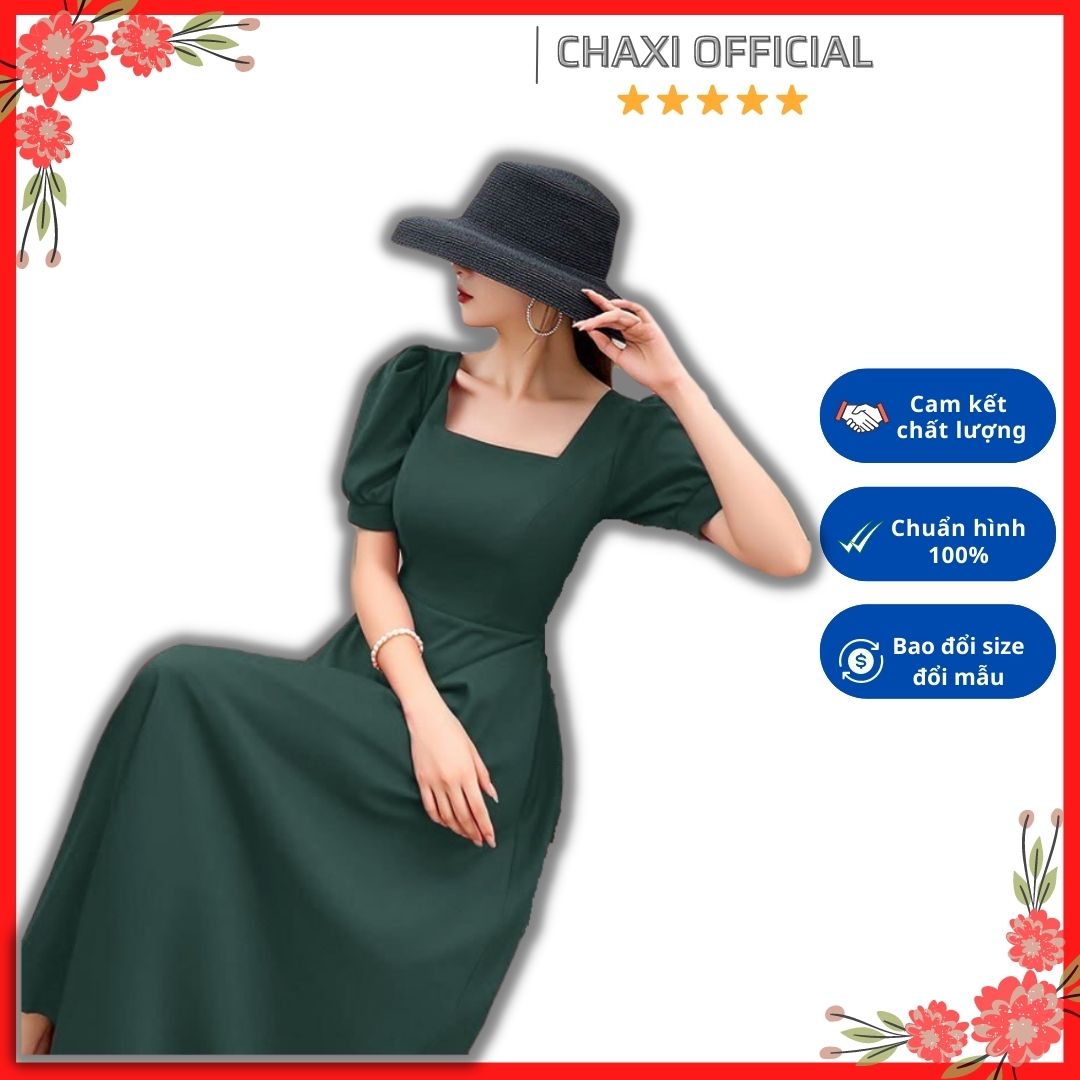 Đầm maxi lụa xòe cổ vuông tay phồng vintage - VN451951