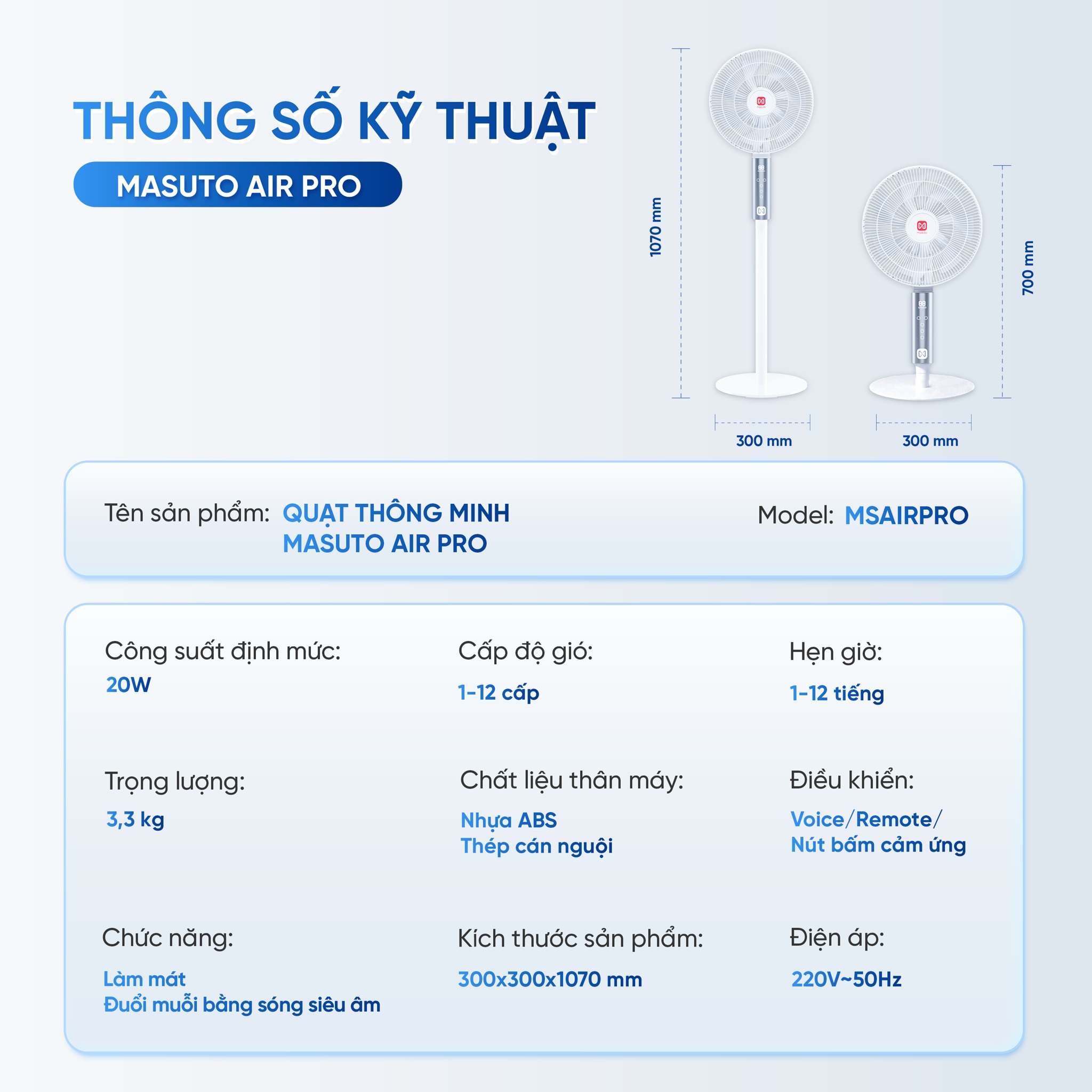 Quạt điện đứng thông minh AI Masuto Smart Air Pro cánh lớn 28cm, Điều khiển giọng nói Tiếng Việt, động cơ BLDC tiết kiệm điện, hẹn giờ 12 tiếng - Hàng chính hãng