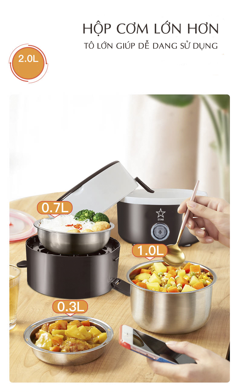 Hộp cơm hâm nóng điện 3 tầng inox cao cấp