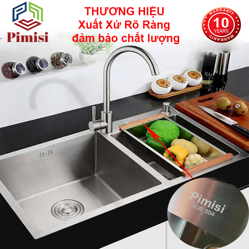 Chậu rửa bát inox 304 Pimisi đúc cao cấp 2 hố cân - kích thước 7843-8245 cm đầy đủ xi phông loại ống to - rỗ đựng đồ, dùng để rửa chén bát gắn được cả âm bàn đá | Hàng chính hãng