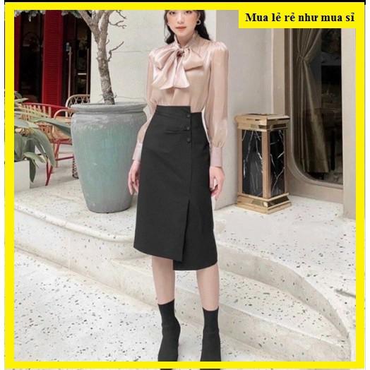 Chân váy công sở, dáng dài -bọc cúc