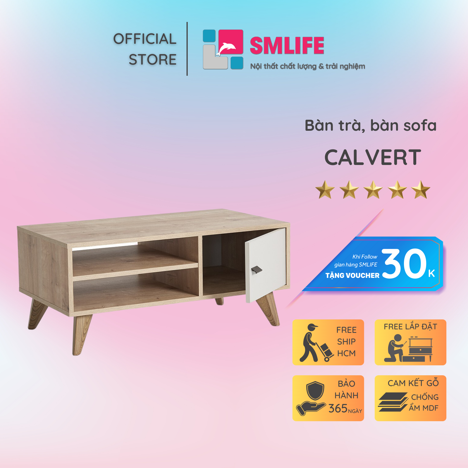 Bàn trà gỗ hiện đại SMLIFE Calvert | Gỗ MDF dày 17mm chống ẩm | D100xR55xC45cm