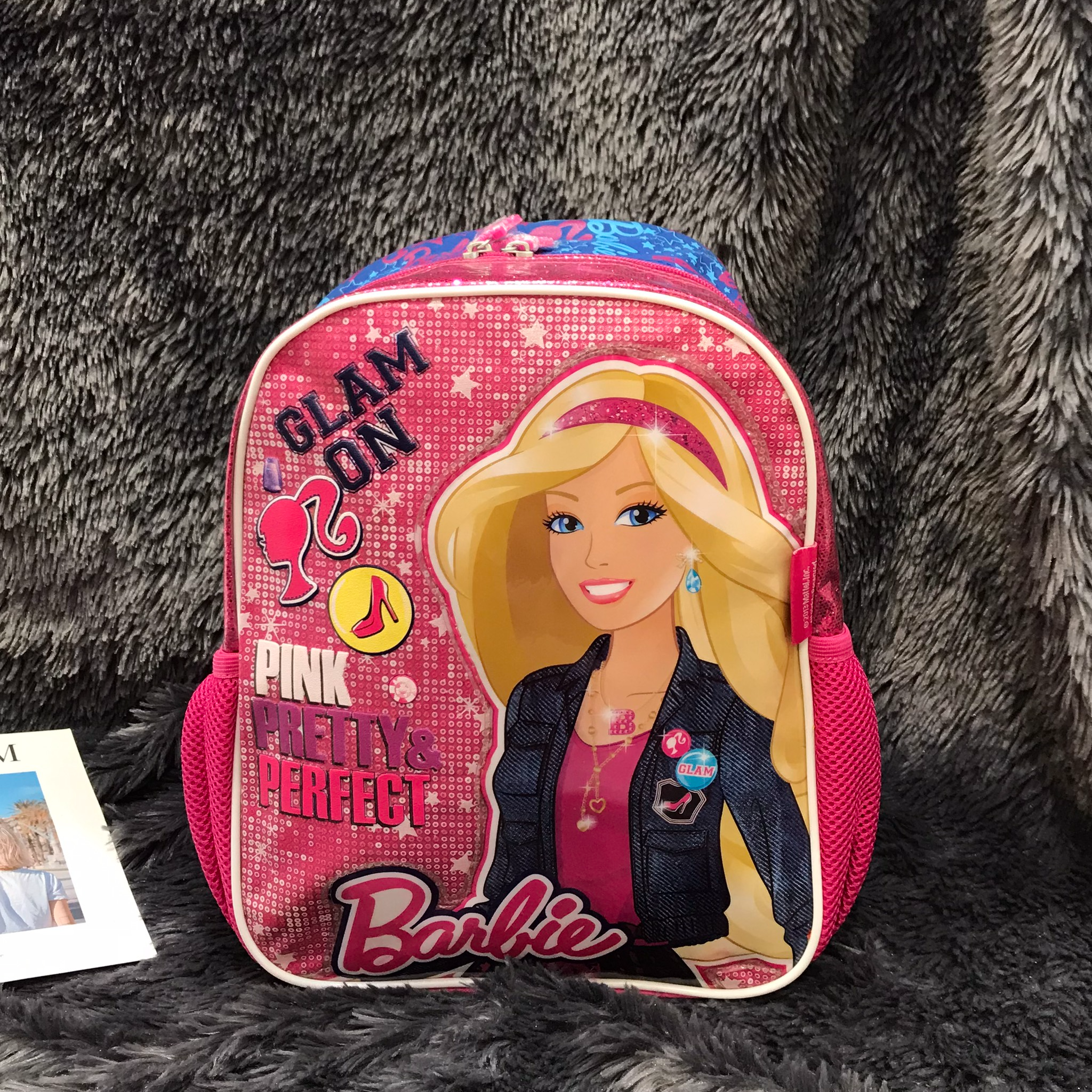 Balo trẻ em 12'' cao cấp hình Barbie hồng viền xanh lấp lánh - BLBBHVX12 -