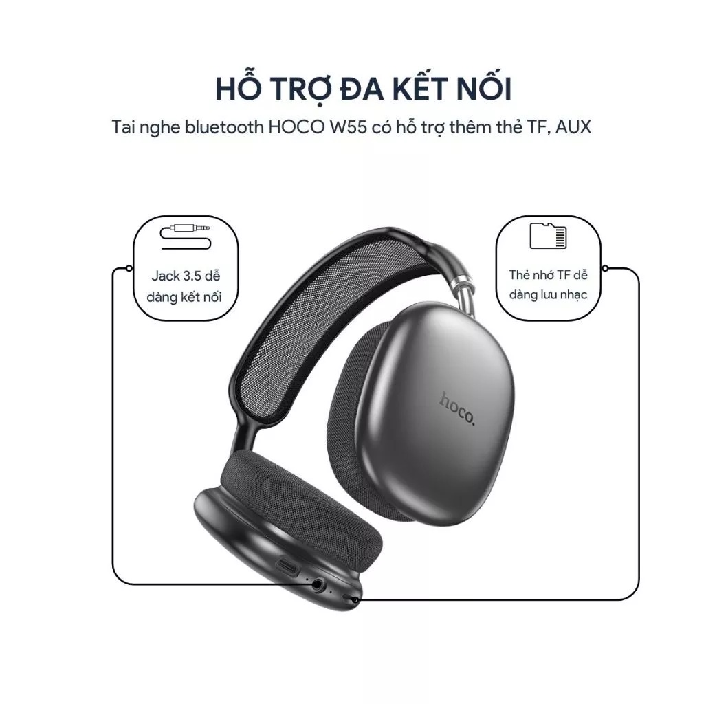 Tai nghe chụp tai Bluetooth V5.4 Hoco W55 phiên bản 90h có mic đàm thoại hỗ trợ khe cắm thẻ nhớ,cổng AUX, nghe nhạc (màu đen) - Hàng chính hãng