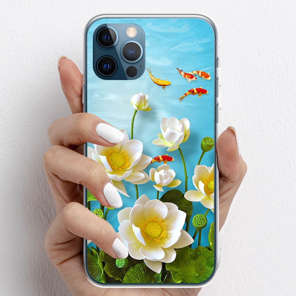 Ốp lưng cho iPhone 12 Pro, iPhone 12 Promax nhựa TPU mẫu Hoa sen cá chép đỏ