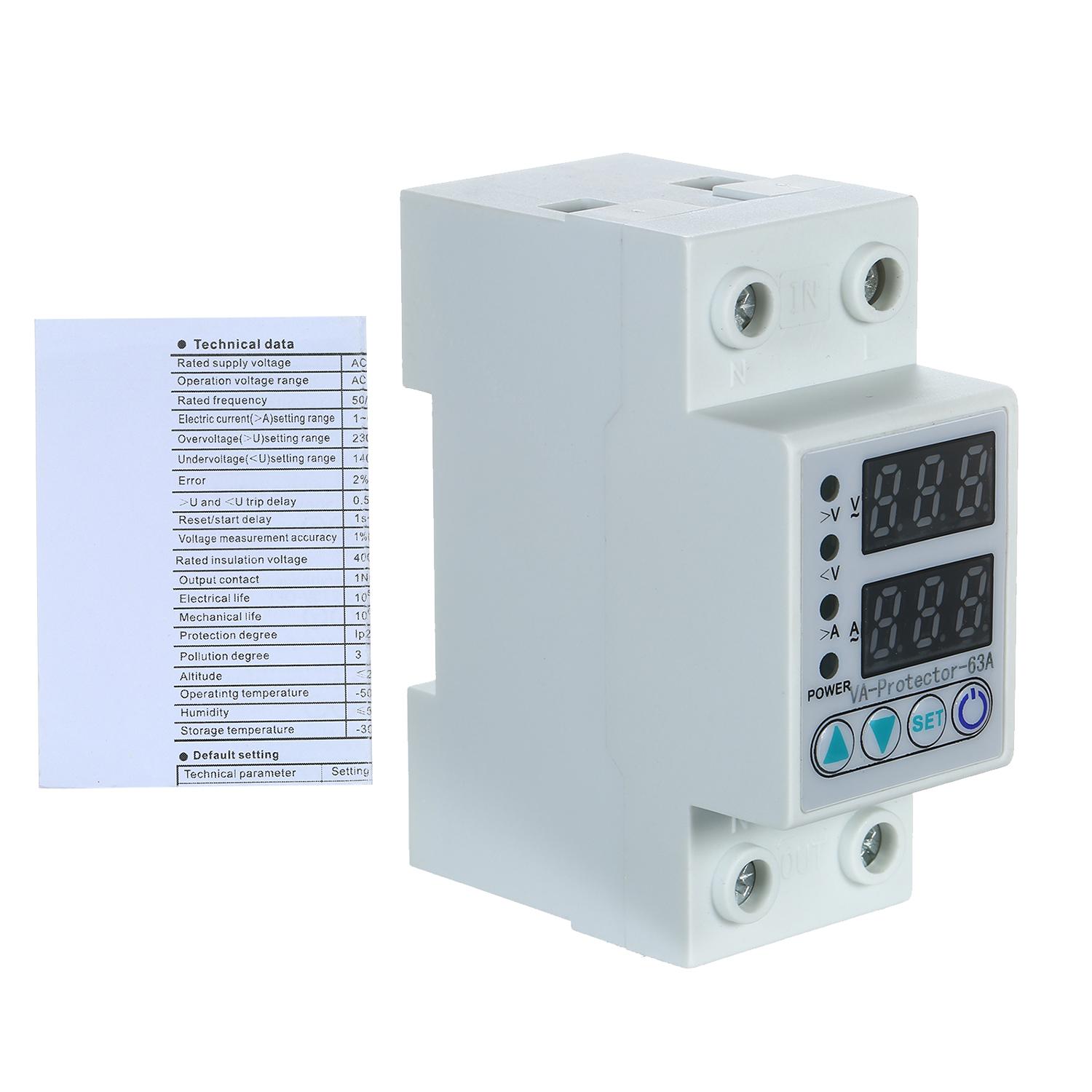 63A 220V Din Rail Adjustable Over Voltage and Under Voltage Protective Device Protector Relay Over Current Protection