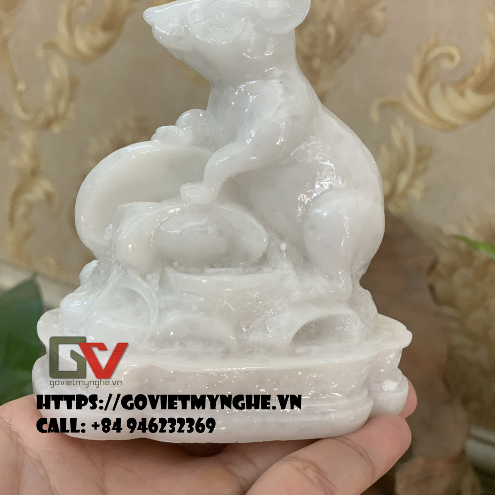 [Chuột phong thủy] Tượng đá trang trí Chuột phong thủy ôm tài lộc - Chiều cao 11cm - Màu trắng đá non nước