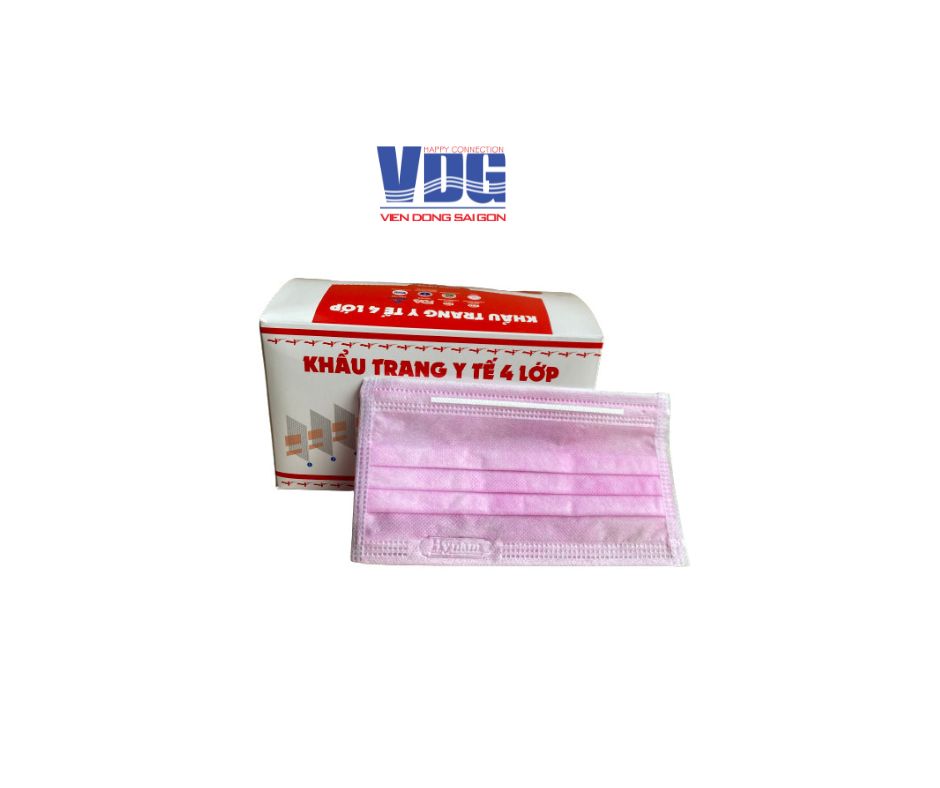 Khẩu trang y tế 4 lớp Hynam màu hồng hộp 50 cái - Kháng khuẩn, chống bụi, chống tia UV