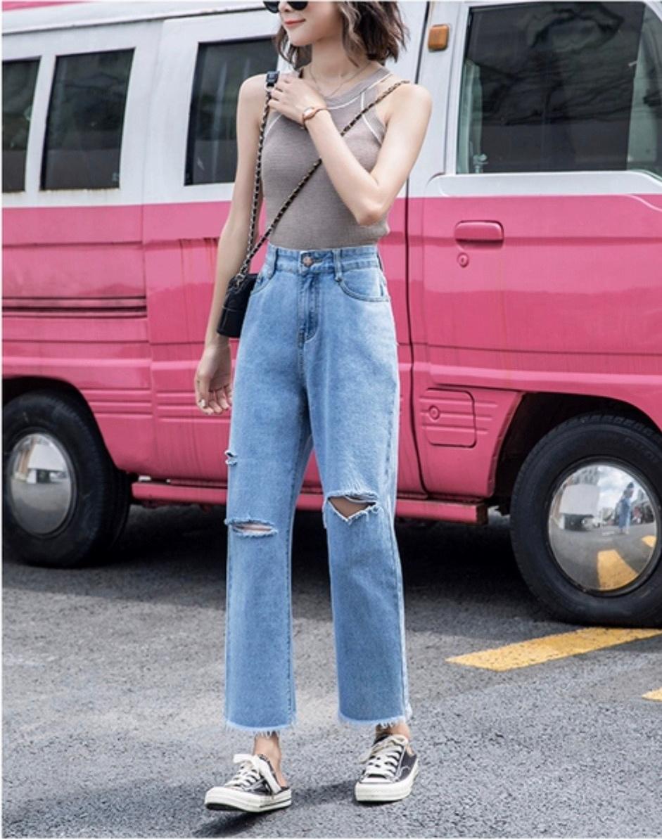 QUẦN BAGGY JEAN NỮ ỐNG LOE RÁCH 3, LƯNG CAO, VẢI MỀM KHÔNG CO DÃN, CÓ 2 MÀU XANH ĐẬM XANH NHẠT