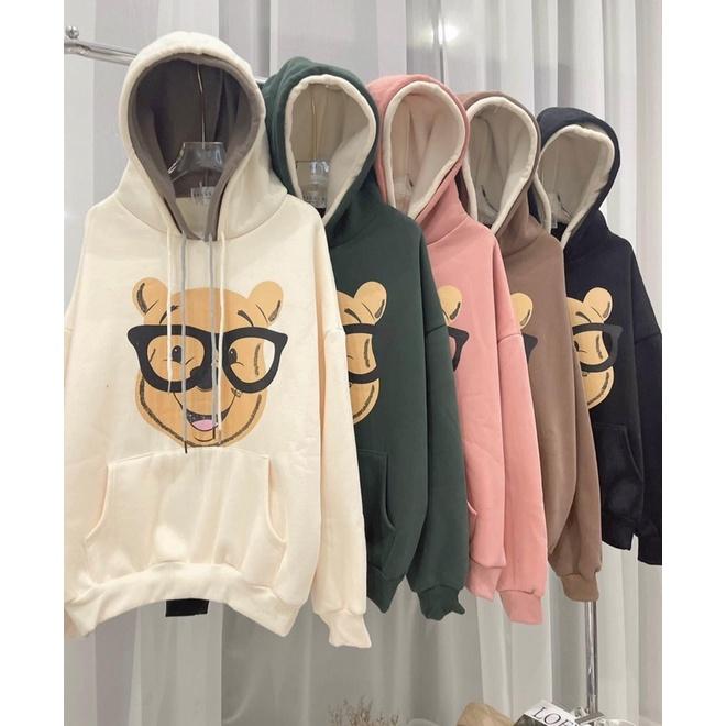 ÁO HOODIE NỈ HAI MŨ FORM RỘNG TAY BỒNG - GẤU ĐEO KINH